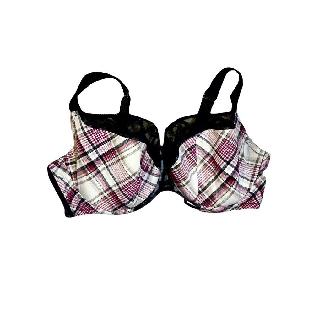 Cacique Balconette Lightly Lined Black Lace Pink Plaid Underwire Bra 42DDD